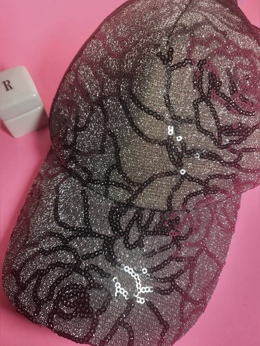 Sequin Rose Baseball Cap - Black and Grey